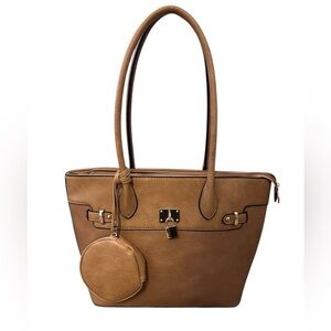 Tan faux leather shoulder Bag w/ detachable round bag.